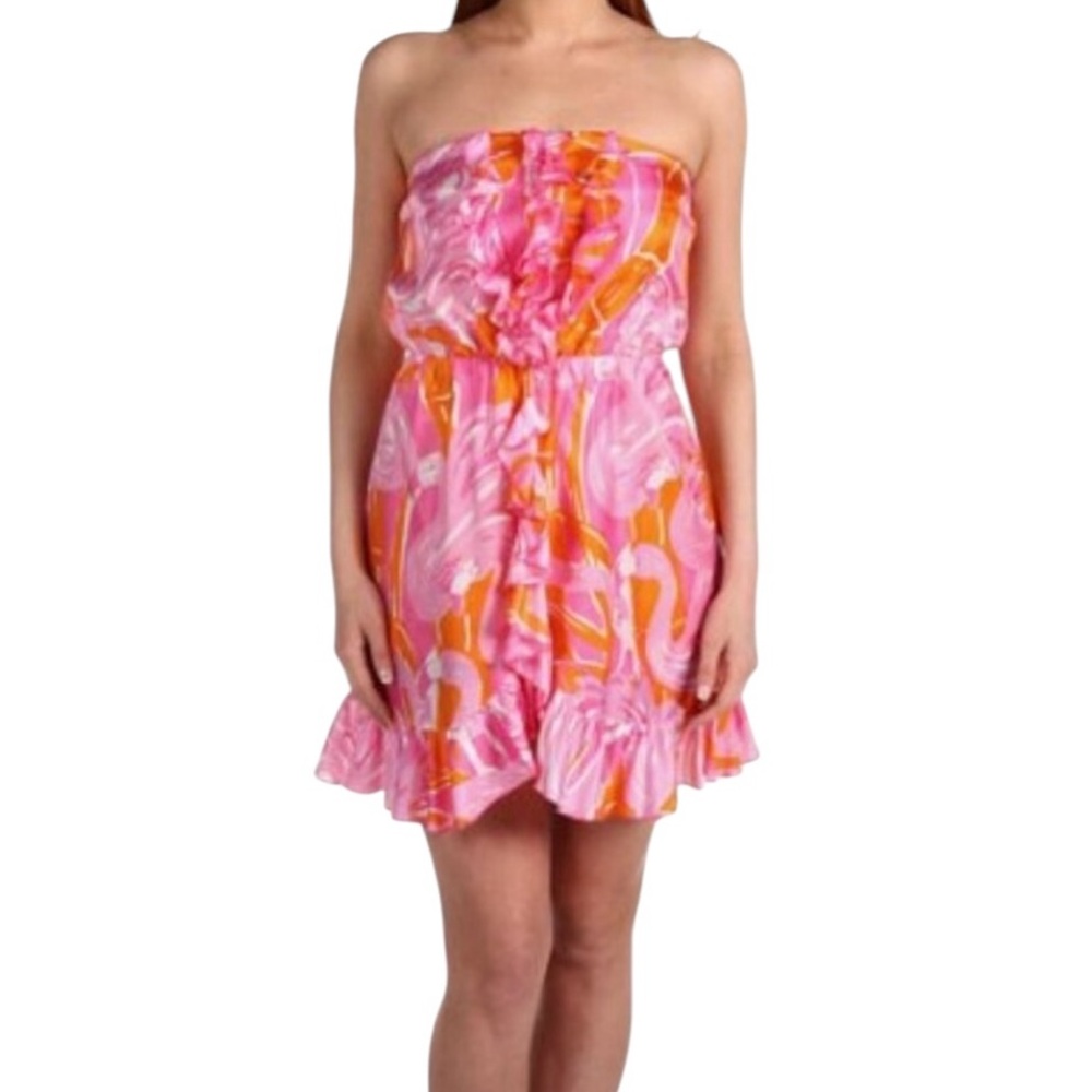 Lilly Pulitzer Tiernan Silk Hotty Pink Fan Dance Flamingo Strapless Dress - 2